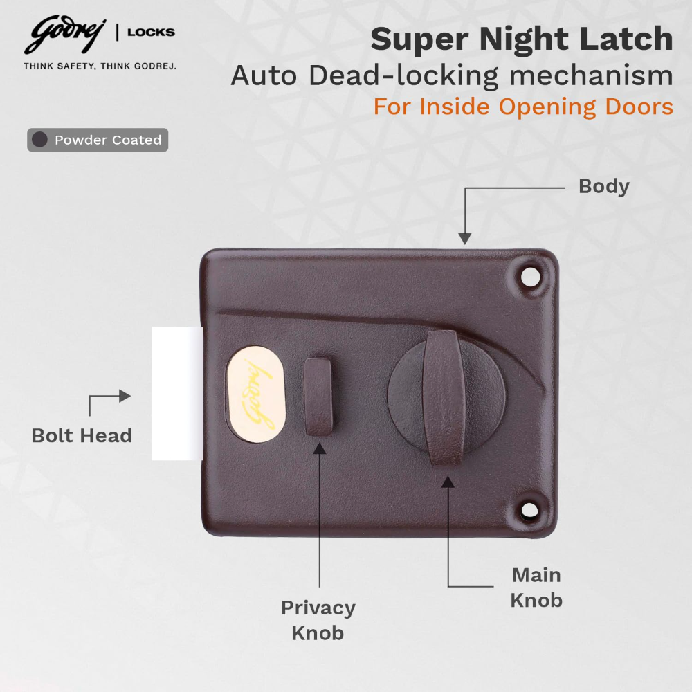 Godrej Rim Lock l Night Latch I 1CK Latchbolt l for Inside Opening Main & Safety Door I Left or Right-Handed Doors l 3 Keys l 5-Year Warranty l Textured Brown